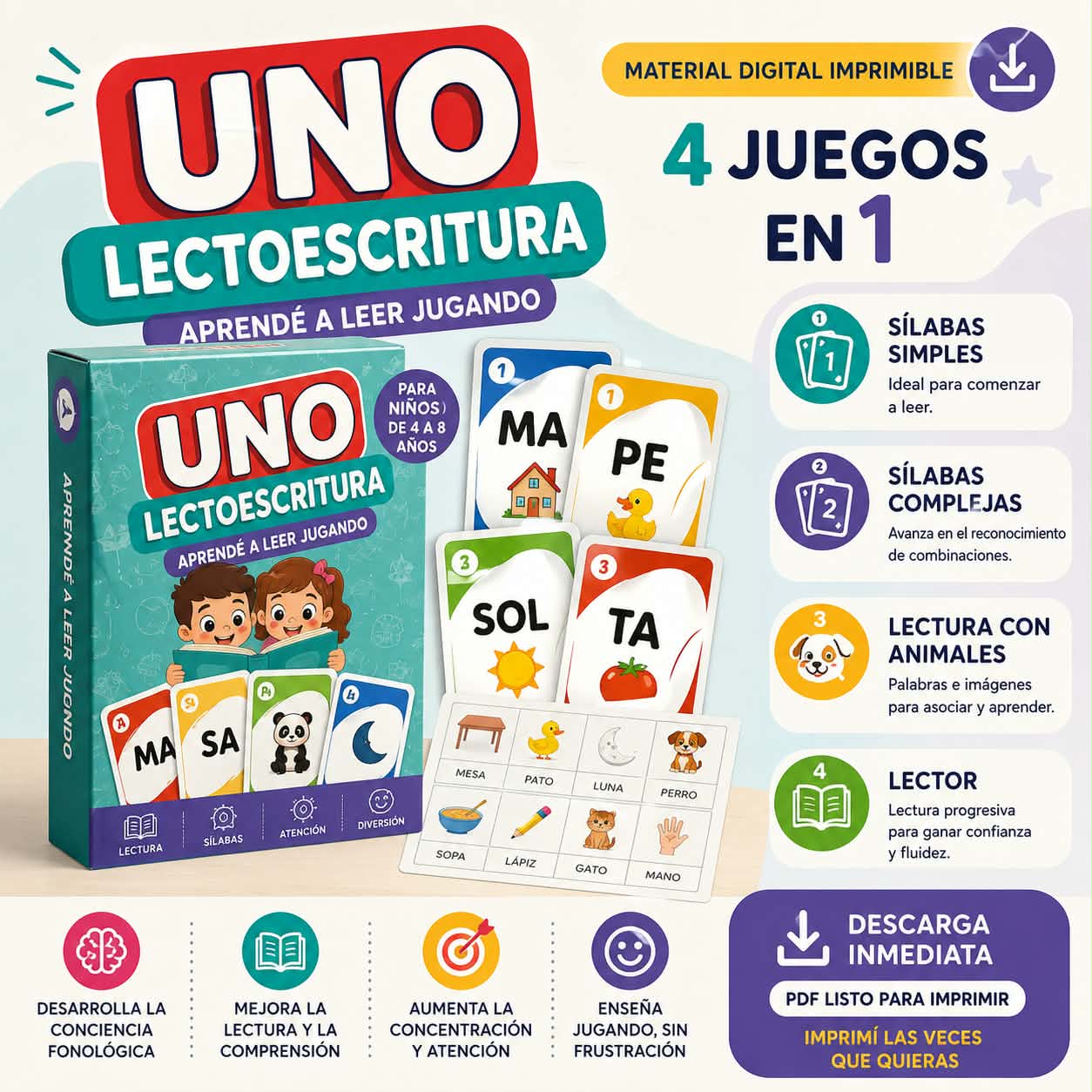 UNO Lectoescritura – Aprendé a Leer Jugando | Material Digital Imprimible